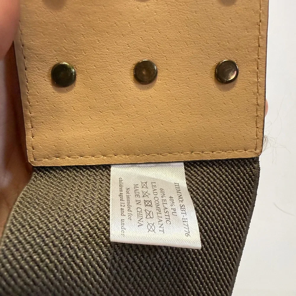 Brown Elastic Cinch Waist Belt Gold Square Pyramid Studs Wide Faux Leather 27in